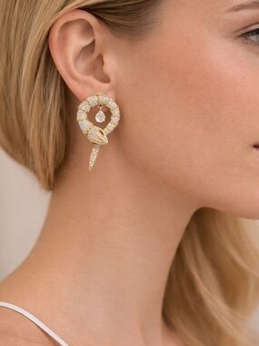 Gold Snake Earrings with Crystal Accents